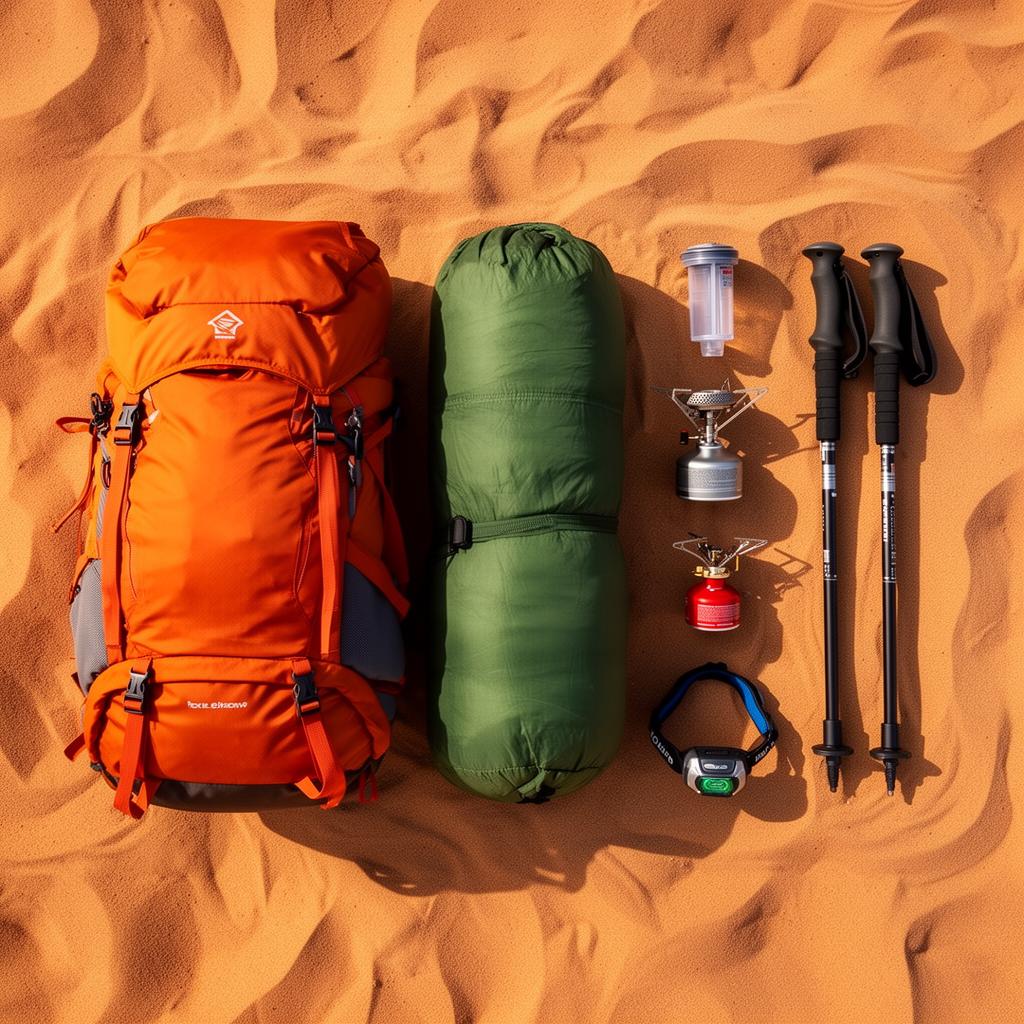 Backpacking gear kit laid out flat showing all included items